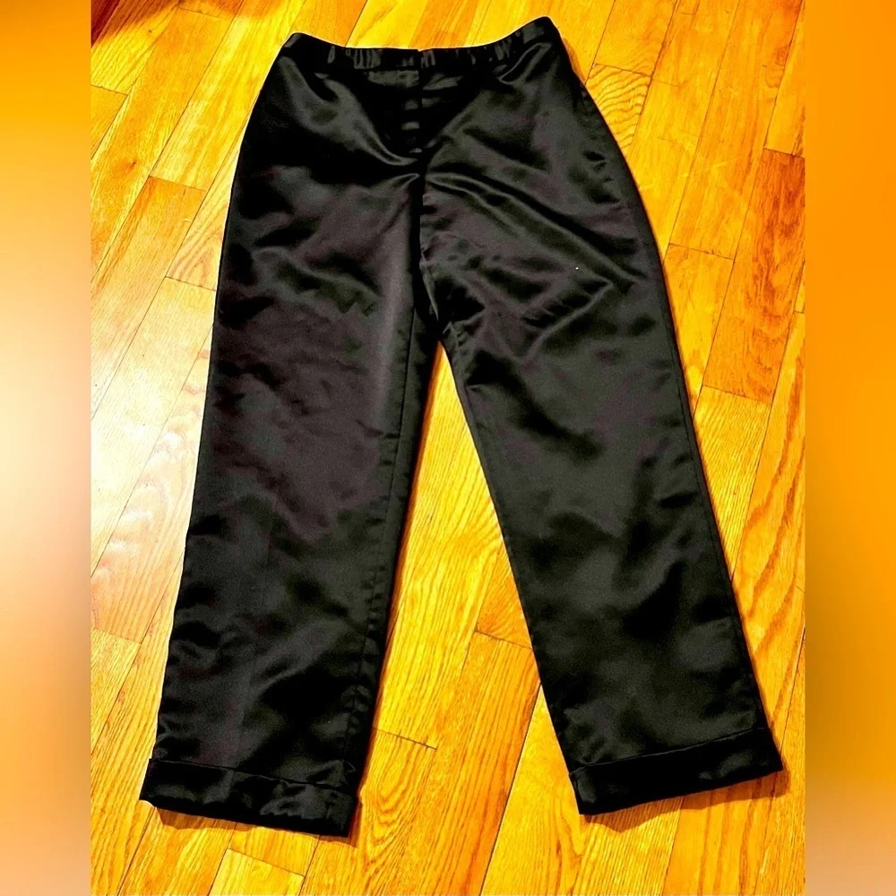 Bloomingdale’s Black Satin Wide Leg Trousers 10 Petite VTG Luxury Cuffed Pants
